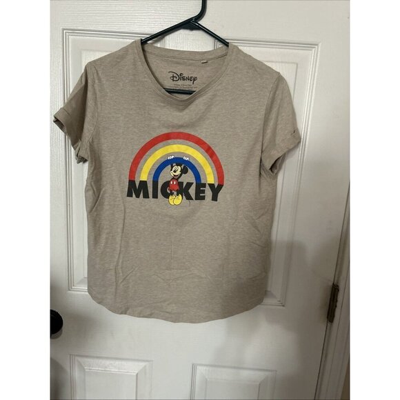 Disney Mickey Mouse Beige graphic Tee Cuffed Sleeve Size Small - Good Condition - Picture 1 of 3